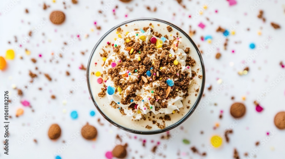 A delicious dessert drink topped with whipped cream, chocolate crumbs, and colorful sprinkles. A delicious dessert drink topped with whipped cream, chocolate crumbs, and colorful sprinkles.