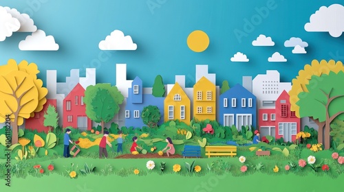 A vibrant paper-cut scene depicting a community garden with colorful houses and people enjoying nature.