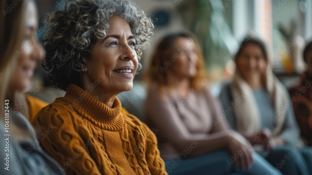 A diverse group of women enjoy a conversation in a cozy living room, with focus on an elderly woman smiling, reflecting community, bonding, and shared stories. A diverse group of women enjoy a conversation in a cozy living room, with focus on an elderly woman smiling, reflecting community, bonding, and shared stories.