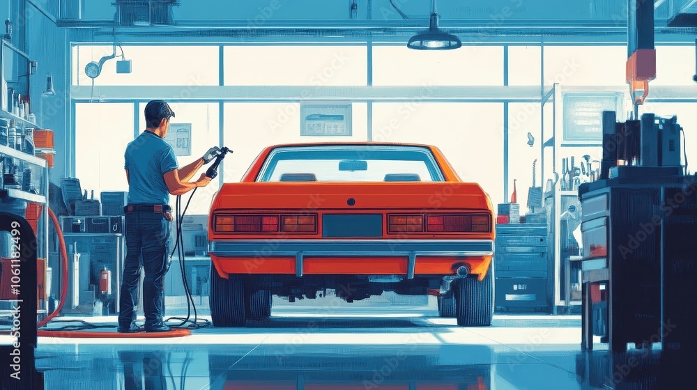 Fototapeta premium Vintage Car Restoration in a Modern Automotive Workshop