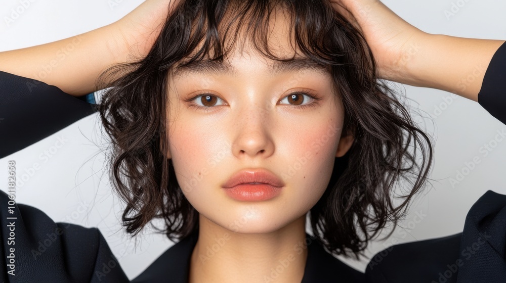 Naklejka premium 乱れた髪と柔らかいメイクをした女性のクローズアップポートレート