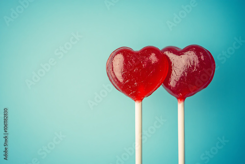 Two red sweet tasty lollipops in shape of hear photo