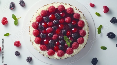 A vibrant berry tart topped with raspberries and blackberries, perfect for dessert.