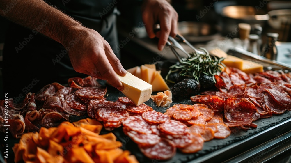 A chef prepares a charcuterie board with assorted meats and cheeses. A chef prepares a charcuterie board with assorted meats and cheeses.