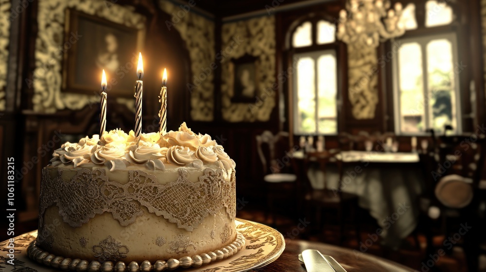A beautifully decorated cake with candles in an elegant dining room setting. A beautifully decorated cake with candles in an elegant dining room setting.