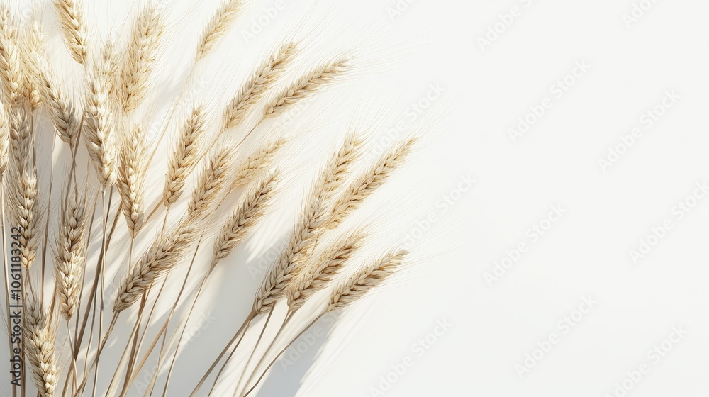 Present a realistic image of wheat stalks with golden grains against a pure white background, emphasizing the texture and natural elegance of each detail. Present a realistic image of wheat stalks with golden grains against a pure white background, emphasizing the texture and natural elegance of each detail.