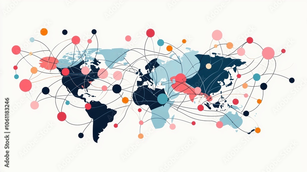A world map with lines and arrows representing global trade routes and interconnectedness of the world economies.