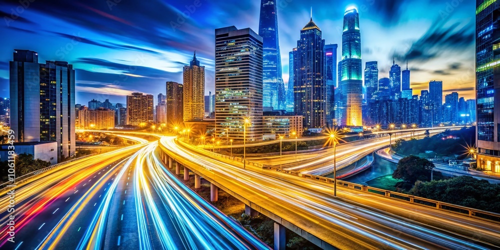 Dynamic Cityscape with Illuminated Highway at Night - Vector Illustration Featuring Vibrant Light Trails and Urban Motion Blur for Stunning Visual Impact Dynamic Cityscape with Illuminated Highway at Night - Vector Illustration Featuring Vibrant Light Trails and Urban Motion Blur for Stunning Visual Impact