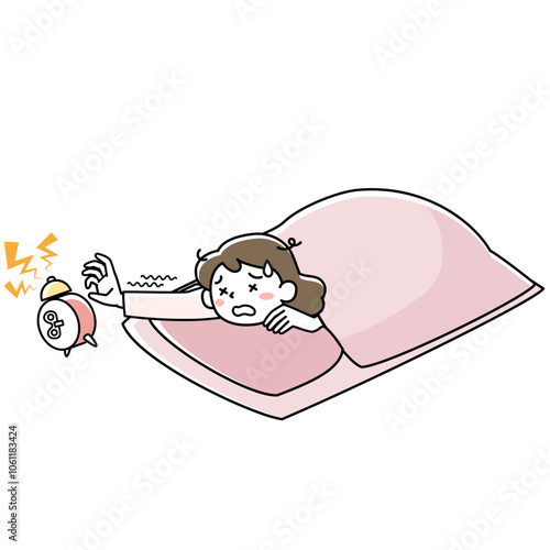 目覚しを止めようとする布団の中の眠そうな女性