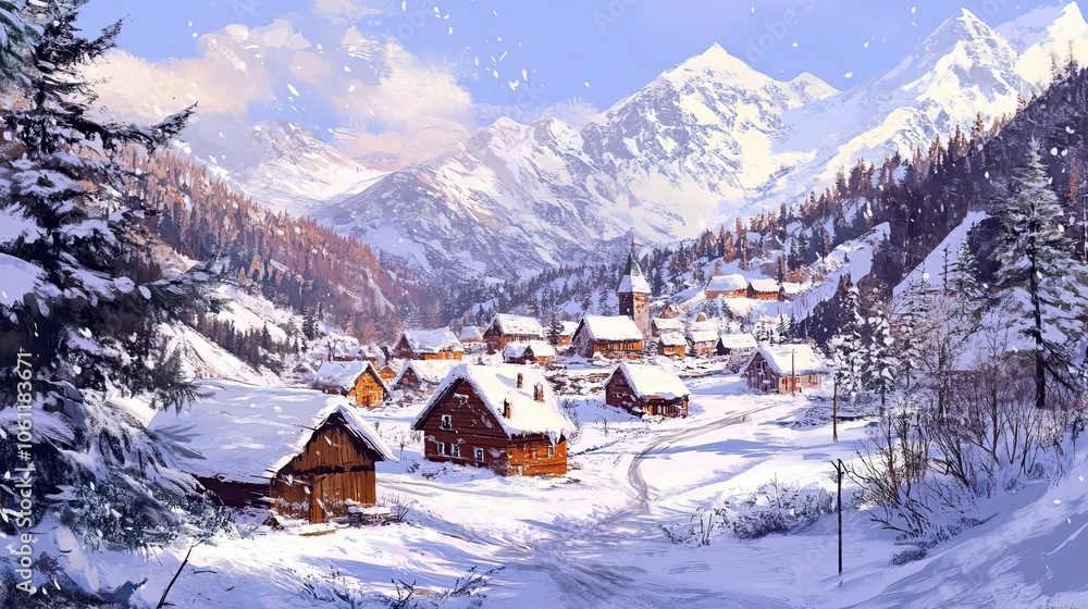 Snowy Mountain Village with a Church Spire Snowy Mountain Village with a Church Spire