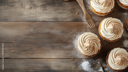 Delicious cupcakes with swirled frosting on a wooden table, perfect for dessert lovers.