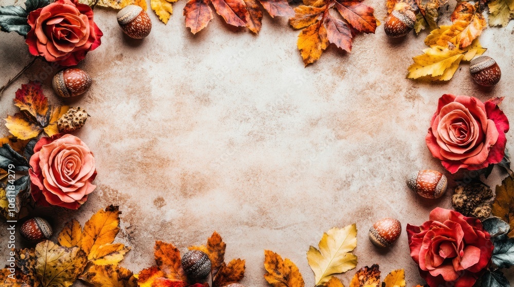 A decorative arrangement of autumn leaves and roses on a textured background. A decorative arrangement of autumn leaves and roses on a textured background.