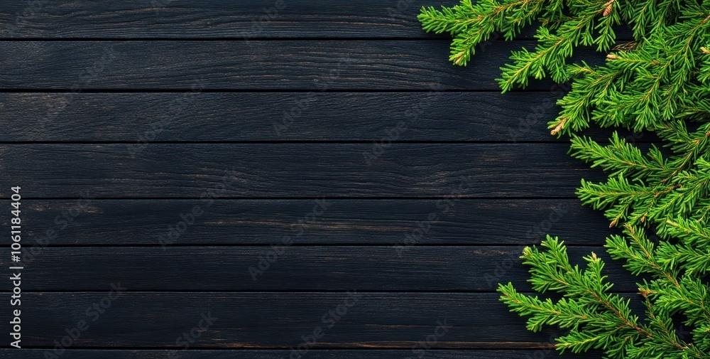 A close-up of evergreen branches on a dark wooden background, creating a natural, festive vibe. A close-up of evergreen branches on a dark wooden background, creating a natural, festive vibe.