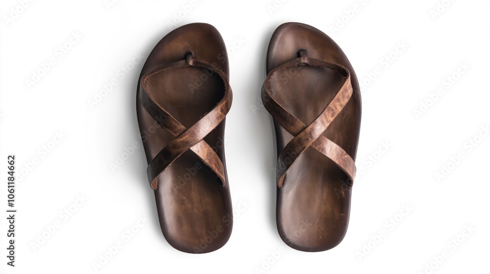A pair of brown sandals with a cross-strap design, ideal for casual wear. A pair of brown sandals with a cross-strap design, ideal for casual wear.