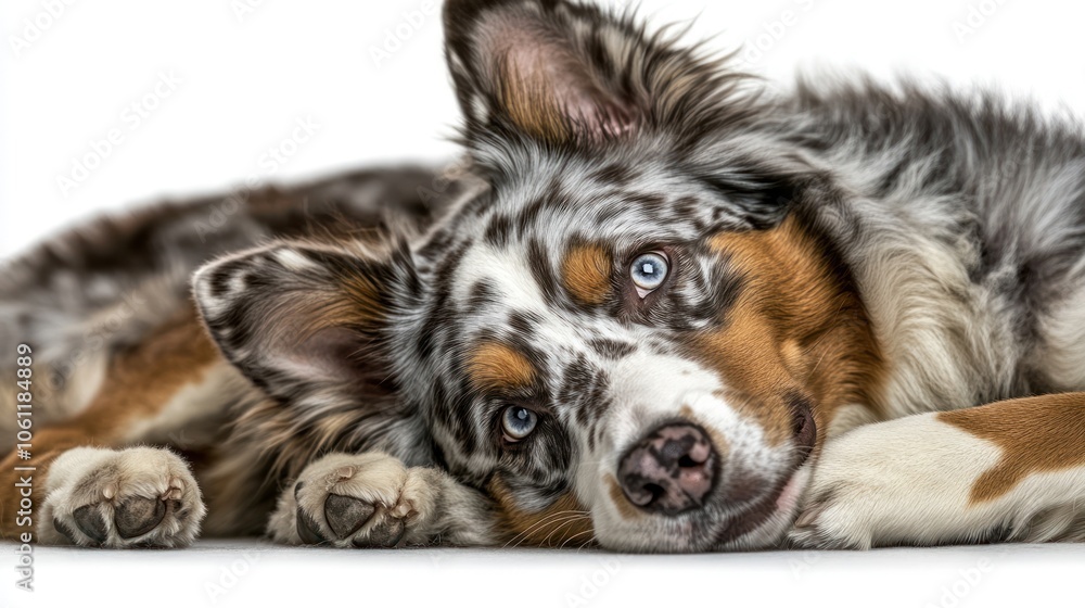 A close-up of a relaxed, multicolored dog resting on a white background. A close-up of a relaxed, multicolored dog resting on a white background.