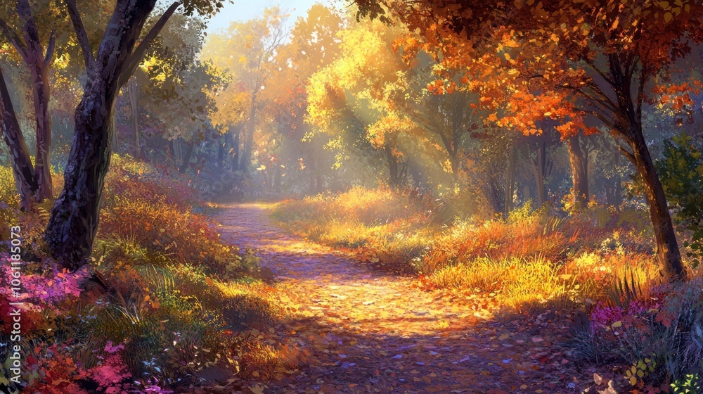 A serene autumn forest path illuminated by soft sunlight and vibrant foliage. A serene autumn forest path illuminated by soft sunlight and vibrant foliage.