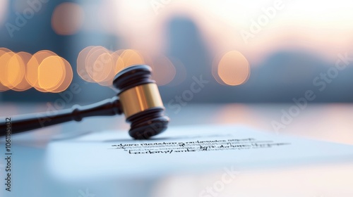 A gavel striking a sound block, with a signed contract in the foreground, signifying a legally binding agreement. photo