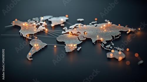 Fototapeta Naklejka Na Ścianę i Meble -  A dark background with a brightly lit network of nodes and lines forming the shape of a world map, symbolizing the interconnectedness of the digital age.