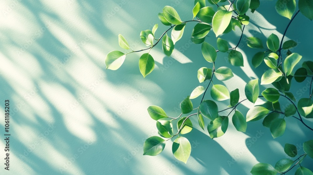 A close-up of green leaves casting shadows on a light background. A close-up of green leaves casting shadows on a light background.