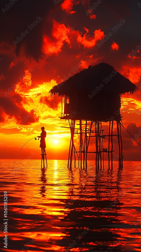 Silhouette of a fisherman standing in the water with a fishing rod, in front of a hut on stilts, during a beautiful sunset. Silhouette of a fisherman standing in the water with a fishing rod, in front of a hut on stilts, during a beautiful sunset.