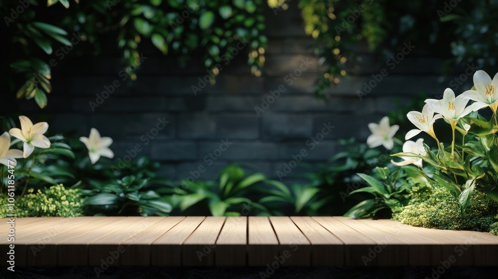 A serene garden scene with wooden platform and blooming lilies against a stone wall backdrop. A serene garden scene with wooden platform and blooming lilies against a stone wall backdrop.
