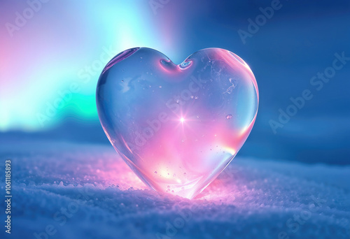 Frozen ice heart glowing in the snow against a night Polar sky with Northern Lights, Arctic winter, photorealistic symbol for Valentine Day, or visual metaphor hinting at cold, frigid love