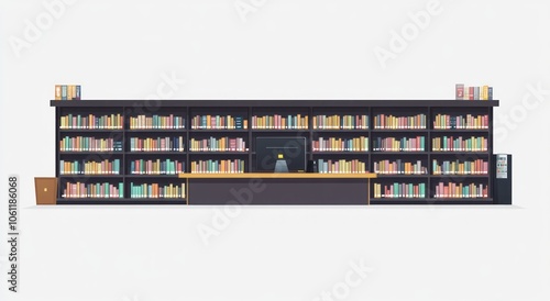 A minimalist library scene featuring shelves filled with books and a central workspace.