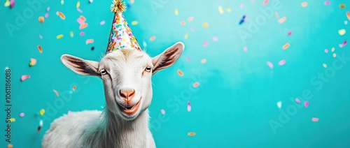 A cheerful goat wearing a party hat amidst colorful confetti. photo