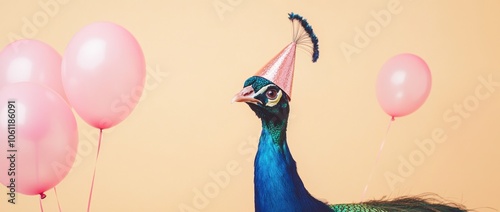 A peacock wearing a party hat with pink balloons in the background, celebrating a festive occasion.