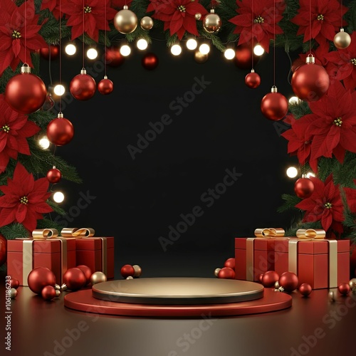 Festive Christmas Display with Poinsettias and Gifts
