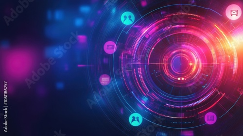 Abstract digital interface with circular patterns and icons representing communication and data.