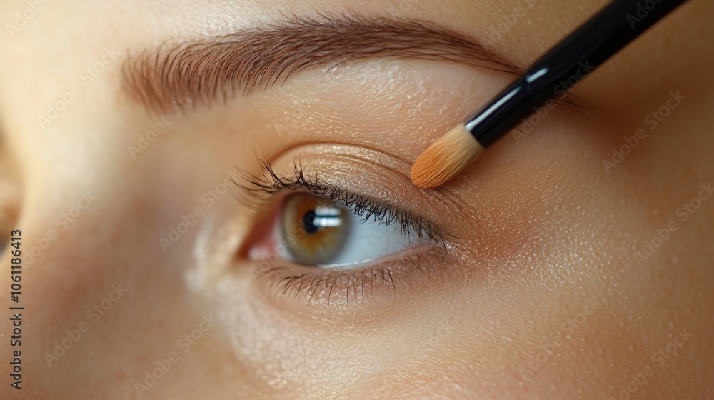 Naklejka premium Close-up of woman applying eyeshadow with brush, smooth skin and beauty application techniques