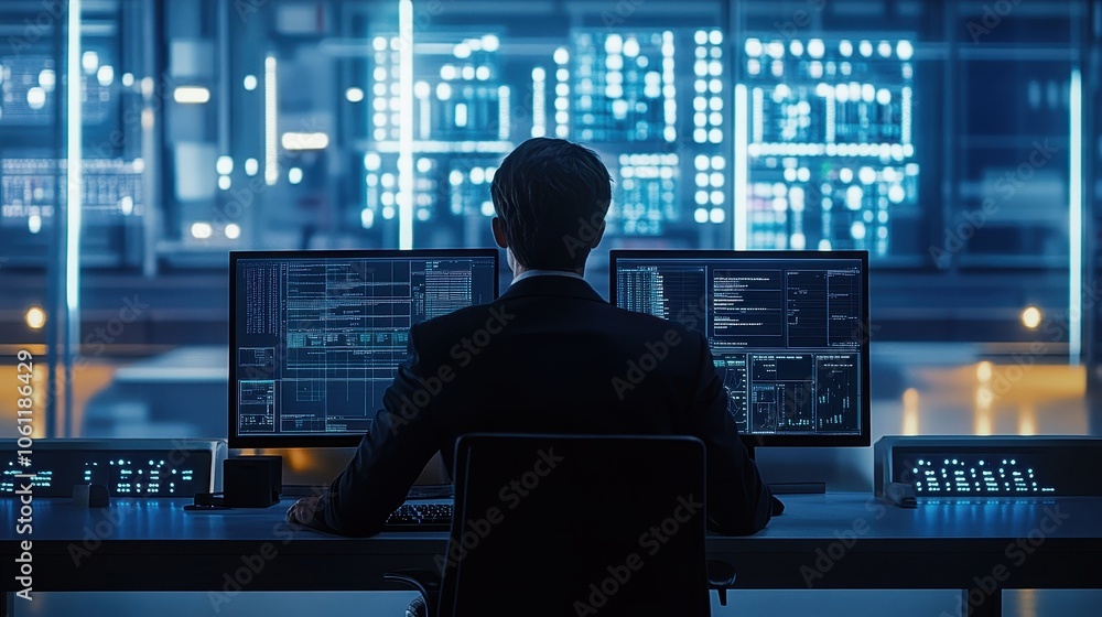 Silhouette of a hacker in a dark room with digital screens in the background Silhouette of a hacker in a dark room with digital screens in the background
