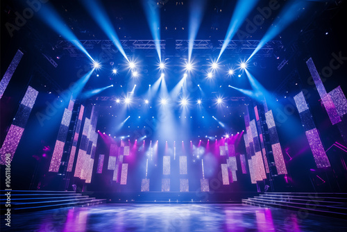 Modern stage with towering rows of circular LED lights, arranged in columns, vibrant blue and purple lighting casting soft glows, dramatic spotlight beams crisscrossing over a shiny floor, atmospheric