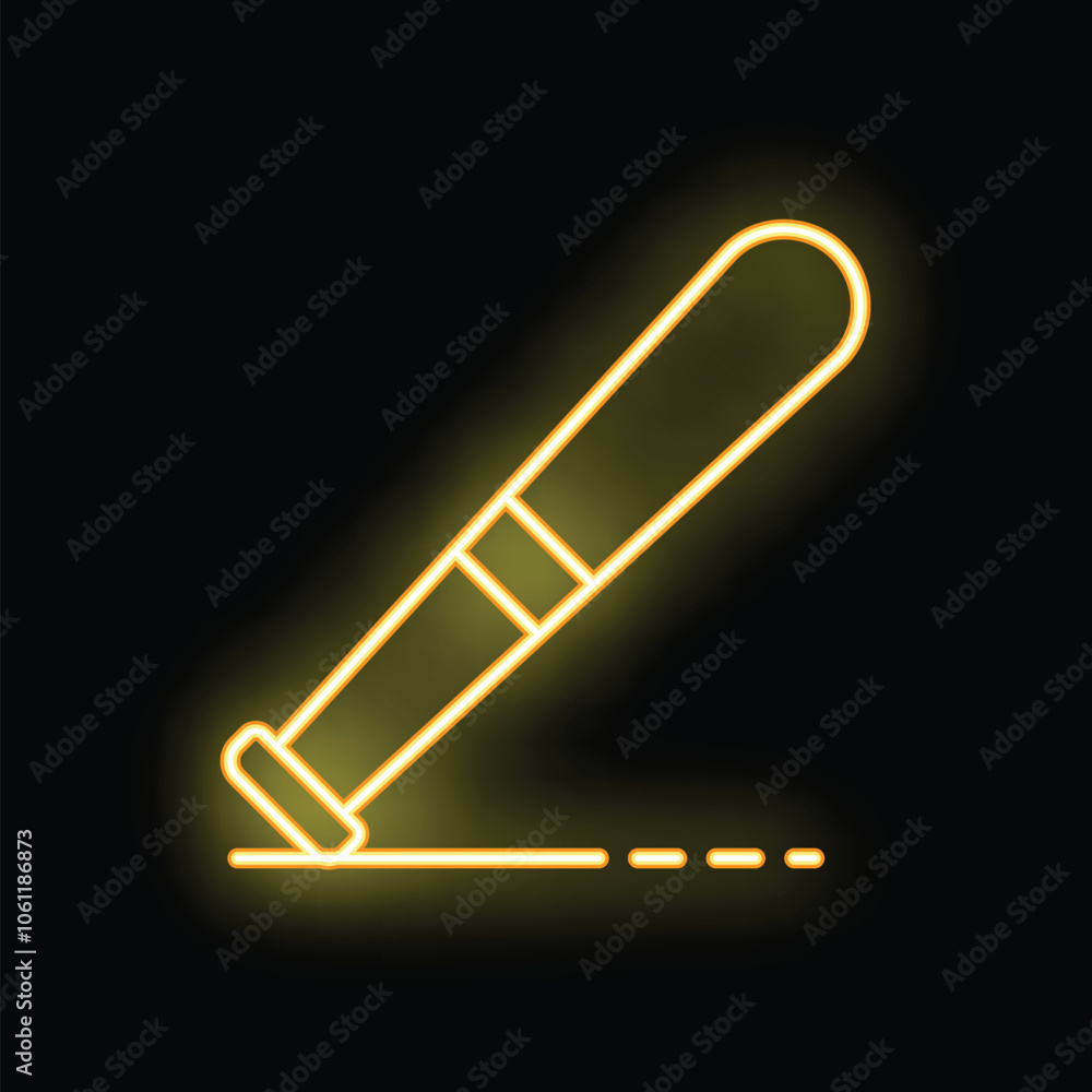 Yellow neon baseball bat is drawing a dashed line on a black background Yellow neon baseball bat is drawing a dashed line on a black background