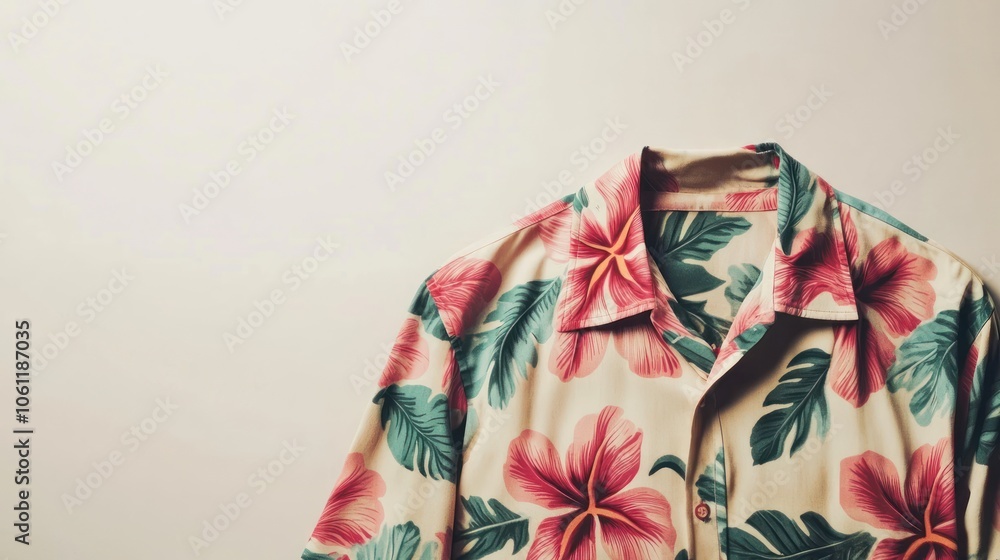 A close-up of a floral-patterned shirt against a neutral background. A close-up of a floral-patterned shirt against a neutral background.