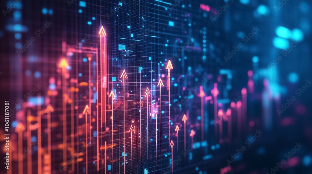 Colorful arrows rise against a digital backdrop, signaling growth in financial trends and market dynamics Colorful arrows rise against a digital backdrop, signaling growth in financial trends and market dynamics