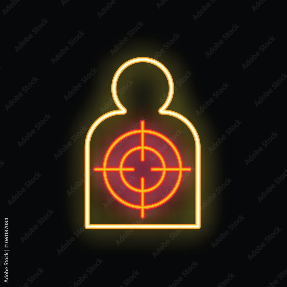 Glowing neon sign representing the concept of being a target with a human body shape and a target on it Glowing neon sign representing the concept of being a target with a human body shape and a target on it