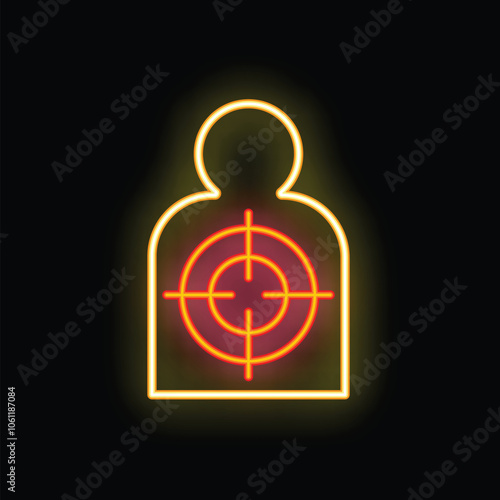 Glowing neon sign representing the concept of being a target with a human body shape and a target on it