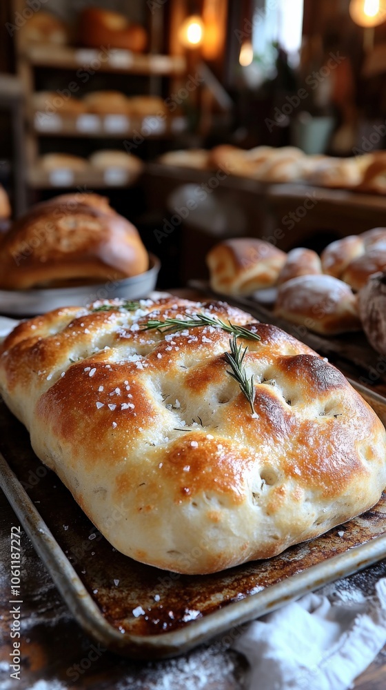 Artisan Focaccia Bread with Rosemary and Sea Salt on Rustic Wooden Table in Cozy Bakery Setting with Freshly Baked Goods and Warm, Inviting Atmosphere Artisan Focaccia Bread with Rosemary and Sea Salt on Rustic Wooden Table in Cozy Bakery Setting with Freshly Baked Goods and Warm, Inviting Atmosphere