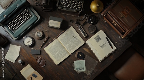 A vintage workspace featuring a typewriter, books, and writing tools.