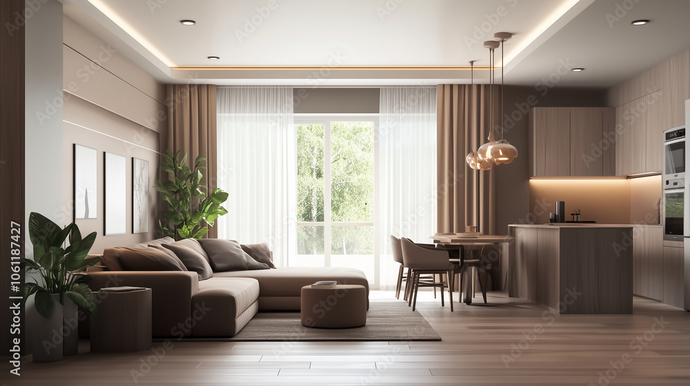 Fototapeta premium A spacious living room with a large sectional sofa, a coffee table, and a view of a kitchen and dining area. The room features a light wood floor and large windows with white curtains
