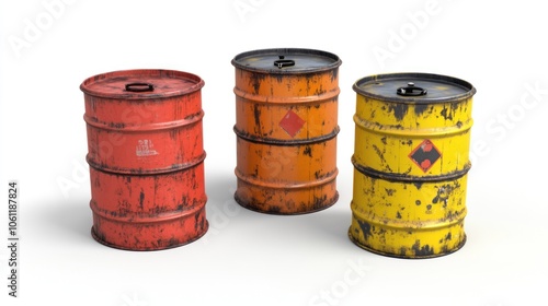 Three weathered barrels in red, orange, and yellow, likely for industrial use or storage. photo