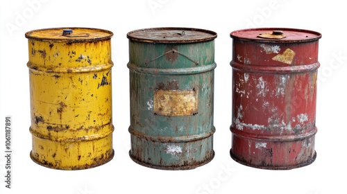 Three rusty metal barrels in yellow, green, and red, likely used for storage or transport. photo