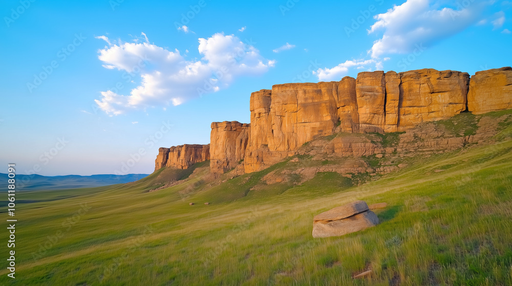 Majestic Mountain Landscape at Golden Hour with Dramatic Saddle Brown Cliffs Bathed in Warm Sunlight Against a Clear Blue Sky, Perfect for Nature Lovers