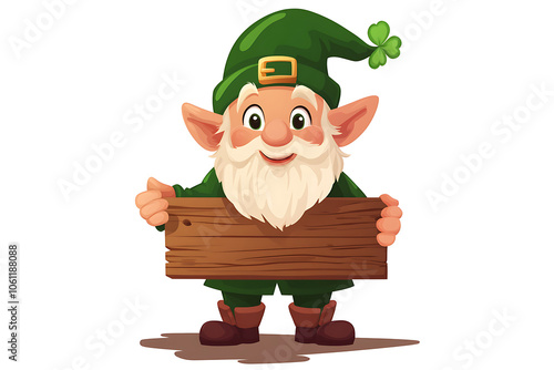 cartoon character. Autumn gnome fairy tale. Happy and cute fairy tale leprechaun mascot in costume with wooden signboard