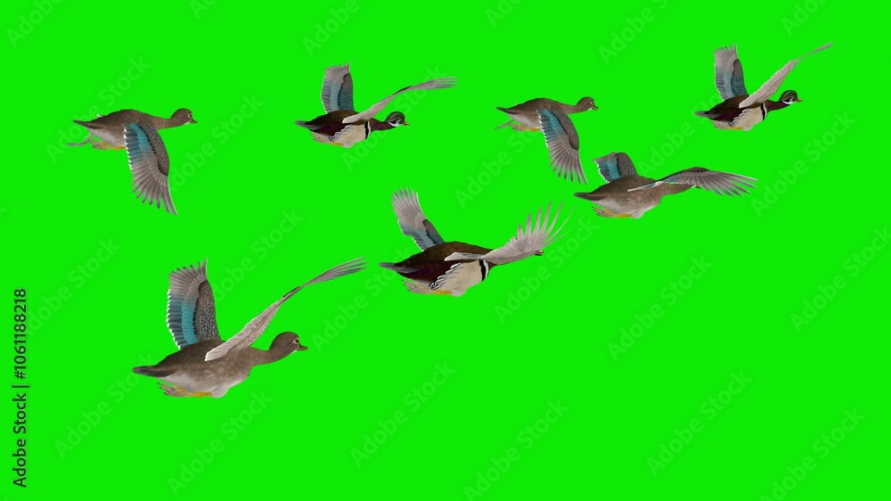 Flock of 7 Wild Colorful Duck Birds - American Wood Male and Female - Flying Loop Back Angle View MS - Green SCreen - Realistic naturalistic 4K UHD 3D animation isolated on chroma key background Flock of 7 Wild Colorful Duck Birds - American Wood Male and Female - Flying Loop Back Angle View MS - Green SCreen - Realistic naturalistic 4K UHD 3D animation isolated on chroma key background
