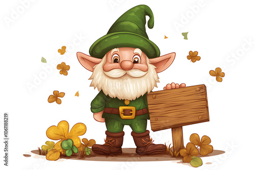 cartoon character. Autumn gnome fairy tale. Happy and cute fairy tale leprechaun mascot in costume with wooden signboard