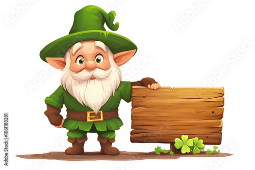 cartoon character. Autumn gnome fairy tale. Happy and cute fairy tale leprechaun mascot in costume with wooden signboard