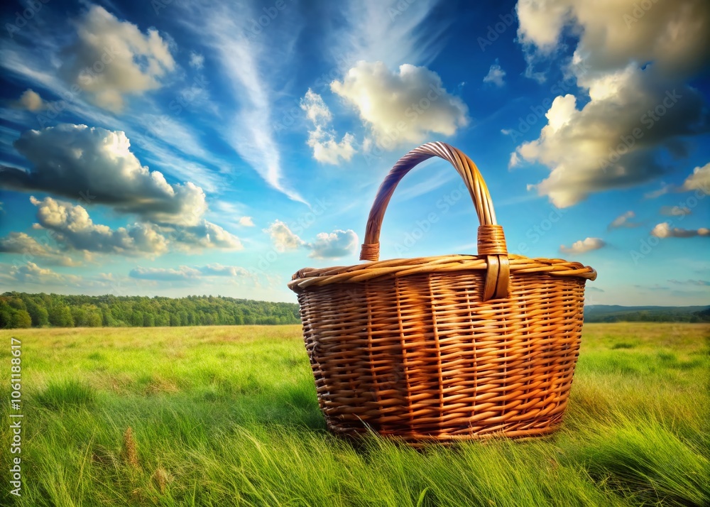 Empty Wicker Basket for Groceries or Picnic Supplies in a Natural Setting - Ideal for Outdoor Adventures and Market Shopping Empty Wicker Basket for Groceries or Picnic Supplies in a Natural Setting - Ideal for Outdoor Adventures and Market Shopping